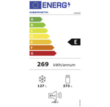 Energielabel Kibernetik KO400, Klasse E, 269 Kilowattstunden pro Jahr, Gefriervolumen 127 Liter, Kühlvolumen 273 Liter, 37 Dezibel.