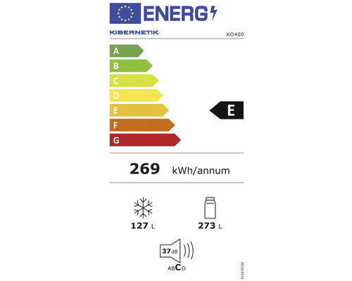 Energielabel Kibernetik KO400, Klasse E, 269 Kilowattstunden pro Jahr, Gefriervolumen 127 Liter, Kühlvolumen 273 Liter, 37 Dezibel.