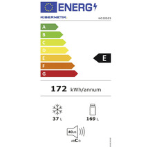 Energielabel für Kibernetik KO205ES, Energieeffizienzklasse E, 172 Kilowattstunden pro Jahr, 37 Liter Gefrierfach, 169 Liter Kühlfach, 40 Dezibel.