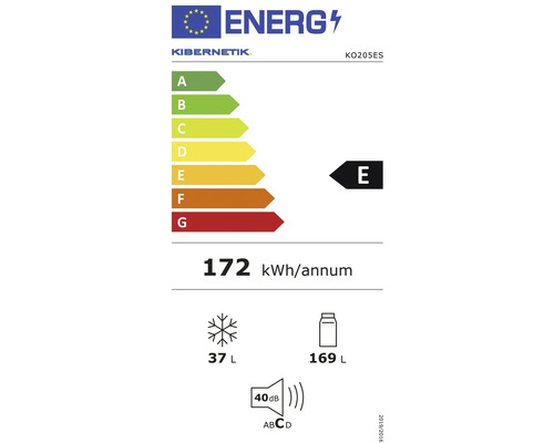 Energielabel für Kibernetik KO205ES, Energieeffizienzklasse E, 172 Kilowattstunden pro Jahr, 37 Liter Gefrierfach, 169 Liter Kühlfach, 40 Dezibel.