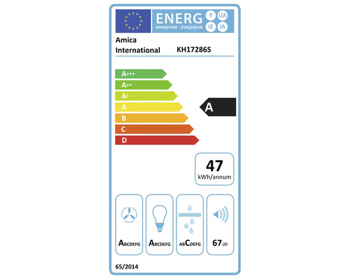 Étiquette énergétique Amica International KH17286S avec classe d'efficacité énergétique A, consommation d'énergie annuelle de 47 kilowattheures et un niveau sonore de 67 décibels