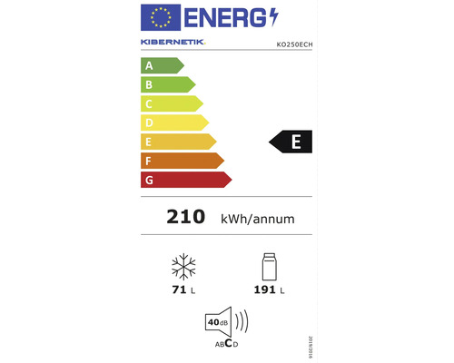 EU Energielabel für Kibernetik KO250ECH, Energieeffizienzklasse E, 210 Kilowattstunden pro Jahr, 71 Liter Gefrierfach, 191 Liter Kühlfach, 40 Dezibel.