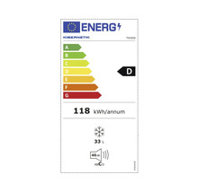 Energielabel für Kibernetik TK50D: Energieeffizienzklasse D, 118 Kilowattstunden pro Jahr, 33 Liter Gefrierkapazität, 40 Dezibel.