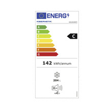 EU-Energielabel für Gefrierschrank Kibernetik GS204NFC, Energieeffizienzklasse C, 142 Kilowattstunden pro Jahr, 204 Liter Inhalt, 39 Dezibel.