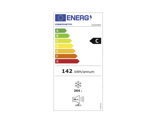 EU-Energielabel für Gefrierschrank Kibernetik GS204NFC, Energieeffizienzklasse C, 142 Kilowattstunden pro Jahr, 204 Liter Inhalt, 39 Dezibel.