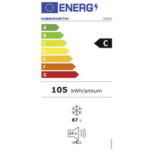 Europäisches Energielabel für Kibernetik GS92C: Energieeffizienzklasse C, 105 Kilowattstunden pro Jahr, 87 Liter Gefriervolumen, 37 Dezibel.