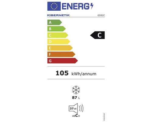 Europäisches Energielabel für Kibernetik GS92C: Energieeffizienzklasse C, 105 Kilowattstunden pro Jahr, 87 Liter Gefriervolumen, 37 Dezibel.