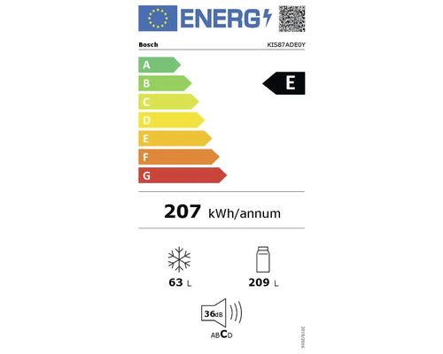 Étiquette énergétique Bosch KIS87ADE0Y avec classe d'efficacité énergétique E, consommation électrique de 207 kWh par an, volume du compartiment congélateur de 63 litres, volume du compartiment réfrigérateur de 209 litres et émission...