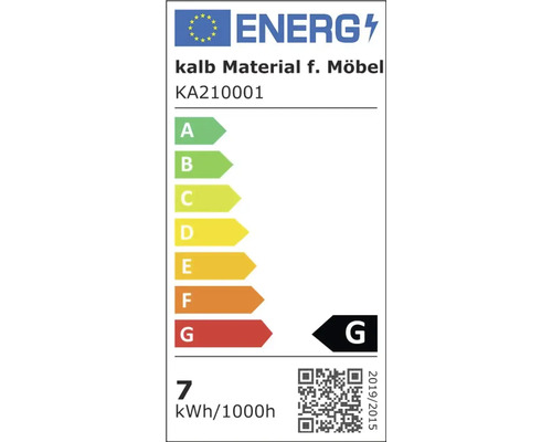 EU-Energielabel für kalb Material für Möbel KA210001, Energieeffizienzklasse G, Energieverbrauch 7 Kilowattstunden pro 1000 Stunden.