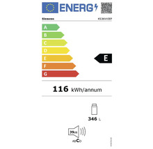 Étiquette énergétique Siemens avec classe d'efficacité énergétique E, une consommation énergétique annuelle de 116 kilowattheures, un volume de 346 litres et un niveau sonore de 39 décibels.