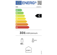 Étiquette énergétique PKM GKS83FC1 avec classe d'efficacité énergétique C, consommation annuelle d'énergie de 331 kilowattheures, volume de 90 litres et température ambiante maximale de 25 degrés.