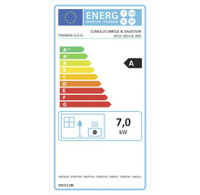 Europäisches Energielabel für Cumulus Omega XL Kalkstein von Thermia mit Energieeffizienzklasse A und einer Wärmeleistung von 7,0 Kilowatt.