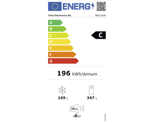 Étiquette énergie Trisa Electronics 7802.0145, classe C, 196 kilowattheures par an, congélateur 169 litres, réfrigérateur 347 litres, 35 décibels.