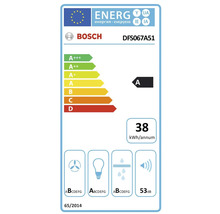 Étiquette énergie UE pour Bosch DFS067A51: classe A, 38 kilowattheures par an, efficacité ventilateur A, éclairage A, filtre à graisse B, 53 décibels.