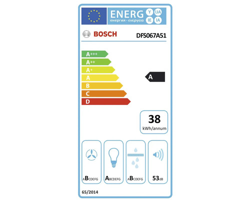 Étiquette énergie UE pour Bosch DFS067A51: classe A, 38 kilowattheures par an, efficacité ventilateur A, éclairage A, filtre à graisse B, 53 décibels.