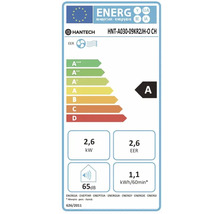 EU-Energielabel für Hantech Klimagerät, Energieeffizienzklasse A, Kühlleistung 2,6 Kilowatt, Schalleistungspegel 65 Dezibel.