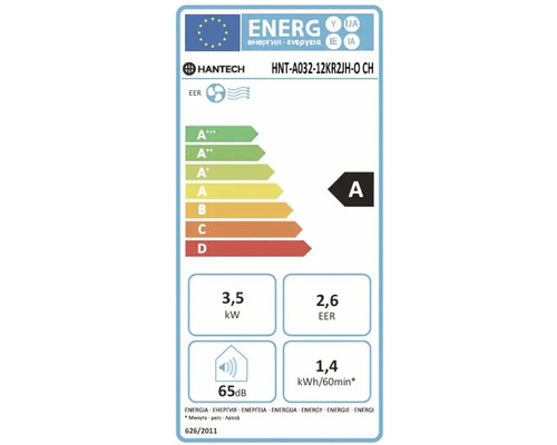 Energielabel für Hantech HNT-A032-12KR2JH-O CH, Energieeffizienzklasse A, 3,5 Kilowatt, 65 Dezibel, 1,4 Kilowattstunden pro 60 Minuten.