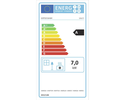 EU Energielabel für Justus GmbH Linz II mit Energieeffizienzklasse A und einer Wärmeleistung von 7,0 Kilowatt.
