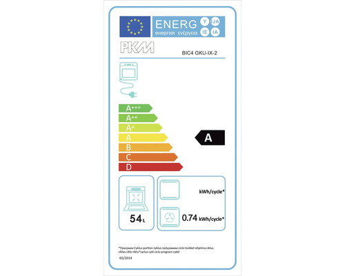 Étiquette énergétique européenne pour four PKM BIC4 GKU-IX-2, classe d'efficacité énergétique A, volume 54 litres, consommation 0,74 kilowattheure par cycle.