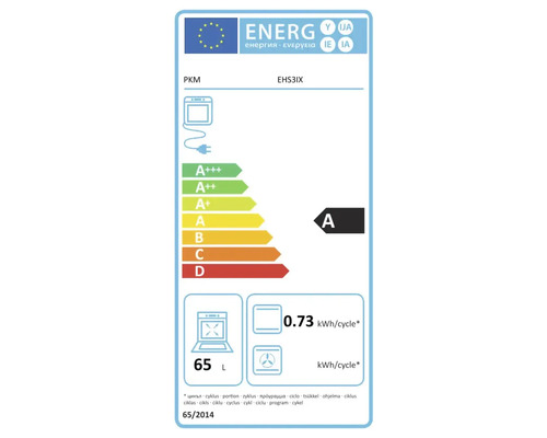 Etiquette energetique europeenne pour four PKM EHS3IX, classe A, consommation 0,73 kilowattheure par cycle, volume 65 litres.