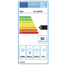 Étiquette énergie européenne PKM FS1-60BSPY : classe B, 30 kilowattheures par an, éclairage A, filtration des graisses C, fluide D, 64 décibels.
