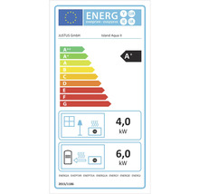 EU-Energielabel Justus Island Aqua II: Energieeffizienzklasse A plus, 4,0 Kilowatt direkte Wärmeleistung, 6,0 Kilowatt indirekte Wärmeleistung.