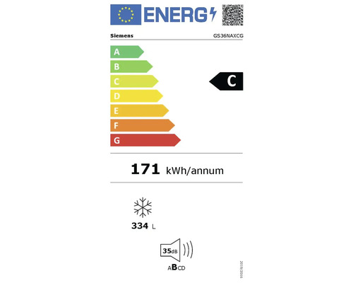 Étiquette énergie UE Siemens GS36NAXCG : classe C, 171 kilowattheures par an, volume de congélation 334 litres, 35 décibels, classe de bruit B.