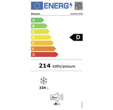Étiquette énergétique Siemens GS36NVWDG : classe D, 214 kilowattheures par an, volume congélateur 334 litres, 35 décibels.