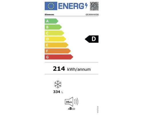Étiquette énergétique Siemens GS36NVWDG : classe D, 214 kilowattheures par an, volume congélateur 334 litres, 35 décibels.