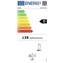 EU-Energielabel für Bosch KSN36VWDG, Energieeffizienzklasse D, 138 Kilowattstunden pro Jahr, 402 Liter Inhalt, 39 Dezibel Geräuschpegel.