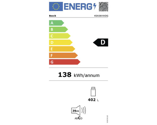 EU-Energielabel für Bosch KSN36VWDG, Energieeffizienzklasse D, 138 Kilowattstunden pro Jahr, 402 Liter Inhalt, 39 Dezibel Geräuschpegel.