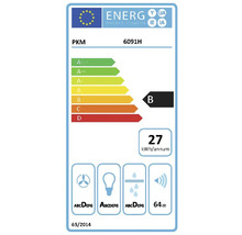 Étiquette énergie UE pour PKM 6091H, classe d'efficacité énergétique B, 27 kilowattheures par an, niveau sonore 64 décibels.
