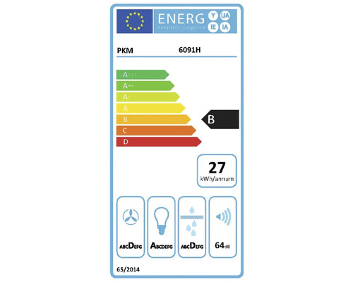 Étiquette énergie UE pour PKM 6091H, classe d'efficacité énergétique B, 27 kilowattheures par an, niveau sonore 64 décibels.