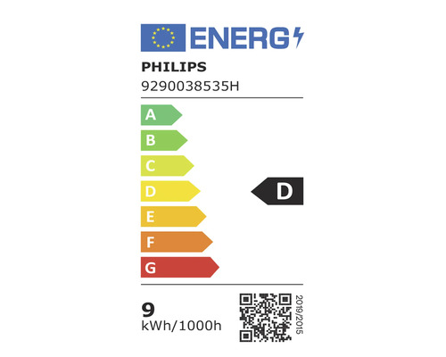 EU-Energieetikett für Philips 9290038535H, Energieeffizienzklasse D, Energieverbrauch 9 Kilowattstunden pro 1000 Stunden.