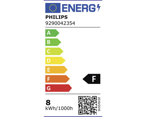 Philips Logo, Energielabel der Europäischen Union für Modell 9290042354, Energieeffizienzklasse F, Verbrauch 8 Kilowattstunden pro 1000 Stunden.