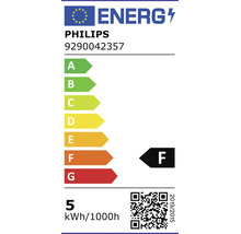 Europäisches Energieetikett für Philips 9290042357. Energieeffizienzklasse F. Energieverbrauch 5 Kilowattstunden pro 1000 Stunden.