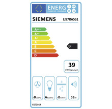 Étiquette énergétique européenne pour hotte aspirante Siemens LI97RA561. Classe énergétique B, 39 kilowattheures par an, 53 décibels.
