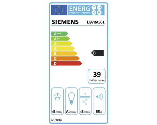 Étiquette énergétique européenne pour hotte aspirante Siemens LI97RA561. Classe énergétique B, 39 kilowattheures par an, 53 décibels.