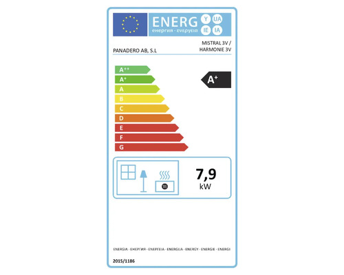 EU Energielabel für Panadero Mistral 3V und Harmonie 3V, Energieeffizienzklasse A plus, 7,9 Kilowatt.