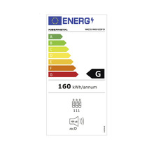 Étiquette énergétique UE pour Kibernetik WKEX-WKH120F01, classe d'efficacité énergétique G, 160 kilowattheures par an, 111 bouteilles, 44 décibels.