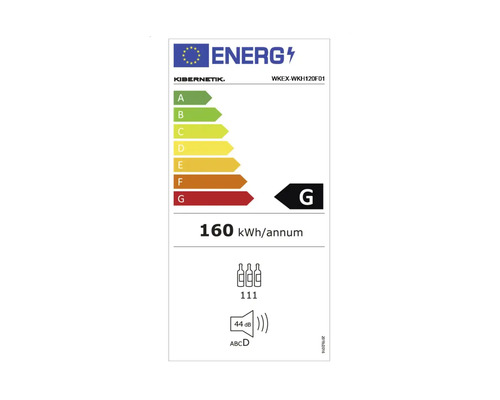 Étiquette énergétique UE pour Kibernetik WKEX-WKH120F01, classe d'efficacité énergétique G, 160 kilowattheures par an, 111 bouteilles, 44 décibels.