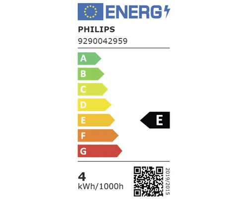 Étiquette énergie européenne Philips pour sources lumineuses 9290042959, classe E, 4 kilowattheures pour 1000 heures.