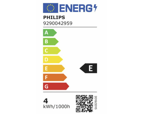 Étiquette énergétique européenne Philips 9290042959, classe d'efficacité énergétique E, échelle A à G, consommation 4 kilowattheures par 1000 heures.