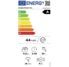 Europäisches Energielabel für Kibernetik Waschmaschine WM0925ACH: Klasse A, 44 Kilowattstunden pro 100 Zyklen, 9 Kilogramm, 50 Liter Wasser.