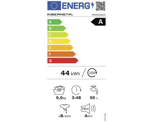 Europäisches Energielabel für Kibernetik Waschmaschine WM0925ACH: Klasse A, 44 Kilowattstunden pro 100 Zyklen, 9 Kilogramm, 50 Liter Wasser.