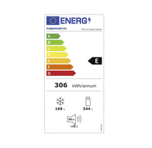 EU-Energielabel Kibernetik FC513. Klasse E, 306 Kilowattstunden pro Jahr. Volumen 169 Liter und 344 Liter. 39 Dezibel, Geräuschklasse C.