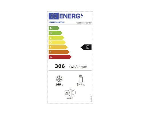 EU-Energielabel Kibernetik FC513. Klasse E, 306 Kilowattstunden pro Jahr. Volumen 169 Liter und 344 Liter. 39 Dezibel, Geräuschklasse C.