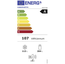 Energielabel für Kibernetik KO377AS. Energieeffizienzklasse A, 107 Kilowattstunden pro Jahr, 113 Liter Gefrierfach, 264 Liter Kühlfach, 39 Dezibel.