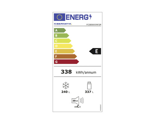 EU-Energielabel Kibernetik FCSBS600NFEM. Klasse E, 338 Kilowattstunden pro Jahr, 240 Liter Gefrierraum, 337 Liter Kühlraum, 39 Dezibel.