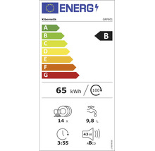 Étiquette énergie lave-vaisselle Kibernetik GRF601. Classe B. 65 kilowatt-heures par 100 cycles. 14 couverts. 9,8 litres d'eau. 43 décibels.